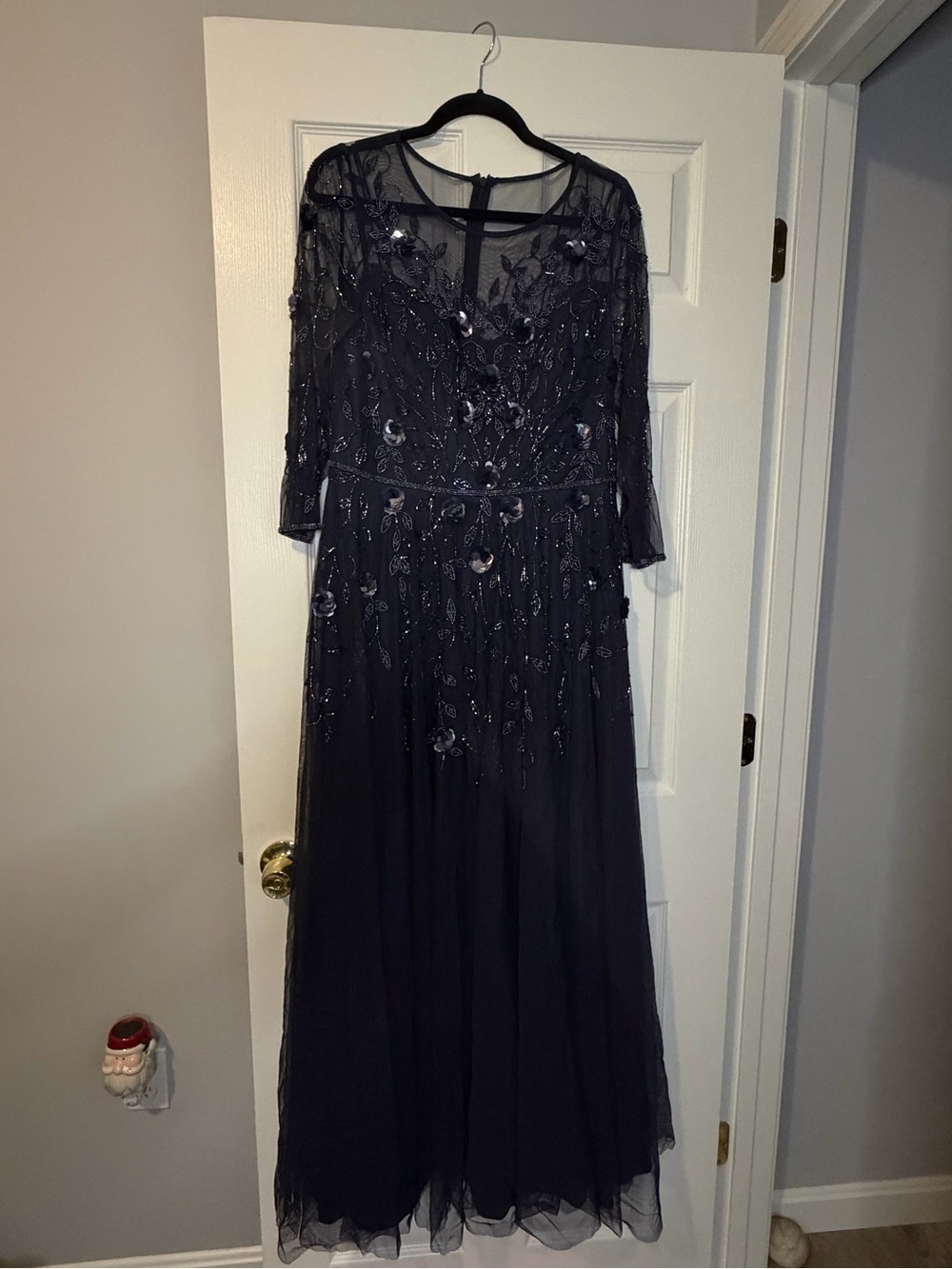 Oleg Cassini Dark Navy Beaded Long-Sleeve Gown